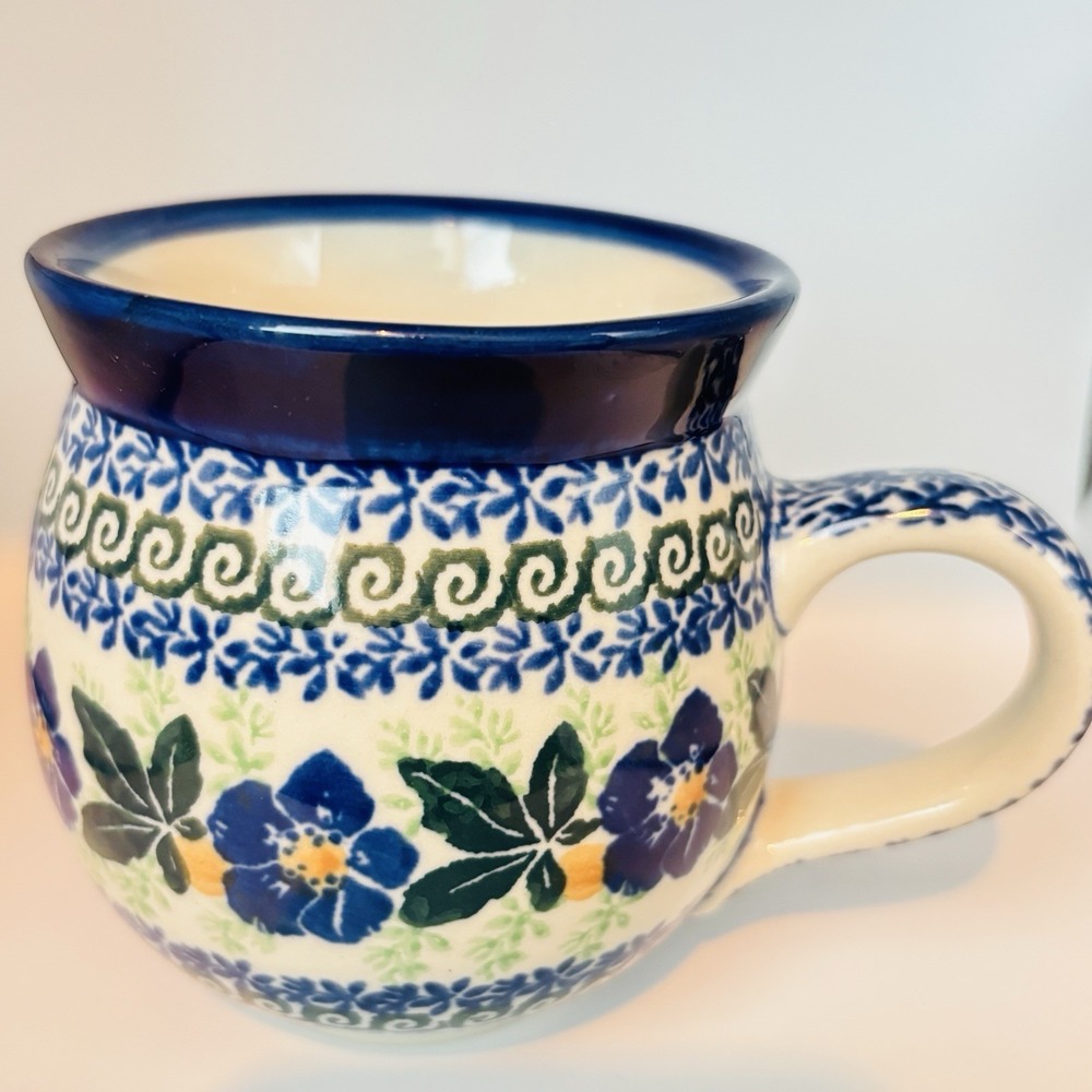 Polish Pottery Hand Made Ceramic Bubble Mug Blue Floral Pattern 12 Oz. MRR 29